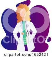 Female Doctor With Curly Blond Hair Inside A Blue And Purple Shape Occupation Illustration