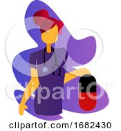 Poster, Art Print Of Simple Multicolor Illustration Of A Nurse In Purple Medical Suit Holding Huge Pill