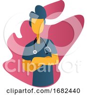 Poster, Art Print Of Ward Boy In Blue Medical Suit In Front Of Pink Graphic Shapes