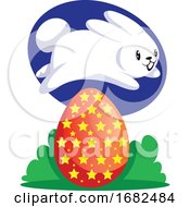 White Easter Rabbit Jumping Over Red Egg Illustration Web On White Background by Morphart Creations