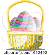 Basket Full Of Colorful Easter Eggs With Pattern On White Background