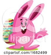 Poster, Art Print Of Pink Easter Bunny With Big Ears Carry An Egg And Waving Illustration Web On White Background