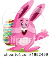 Pink Easter Bunny With Big Ears Carry An Egg And Waving Illustration Web On White Background by Morphart Creations