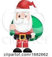 Poster, Art Print Of Simple Illustration Of A Santa Holding Green Bag With Presents