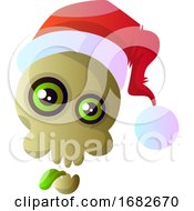 Poster, Art Print Of Cartoon Skull With Red Christmas Hat Illustartion