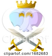 Poster, Art Print Of White Cartoon Skull With Crown And Swords Illustartion