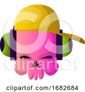 Poster, Art Print Of Little Pink Cartoon Skul With Hat And Headphones Illustartion