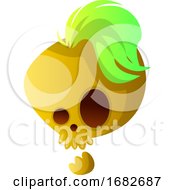 Poster, Art Print Of Yellow Cartoon Skull With Green Hair Illustartion