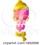 Poster, Art Print Of Pink Cartoon Skull With Yellow Hat Illustartion