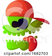 Poster, Art Print Of Green Cartoon Skull With Red Hat Illustration