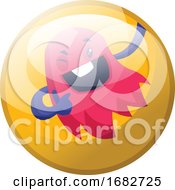 Poster, Art Print Of Cartoon Character Of A Dark Pink Monstyer With Purple Arms Flying And Winking Illustration In Yellow Circle