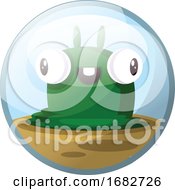 Poster, Art Print Of Cartoon Character Of A Green Slug Monster With Eyes Standing Out Smiling And Standing On Brown Ground Illustration In Light Blue Circle