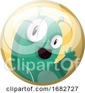 Poster, Art Print Of Cartoon Character Of A Green Monster Waving Illustration In Yellow Circle