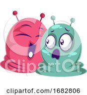 Poster, Art Print Of Pink Happy Monster And Blue Scared Monster Sticker Illustration On A White Background