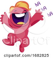 Poster, Art Print Of Cheerful Pink Monster Jumping Around Illustration On A White Background