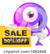 Poster, Art Print Of Purple Monster With A Sale Sign Illustration