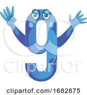 Poster, Art Print Of Blue Monster In Number Nine Shape With Hands Up Illustration
