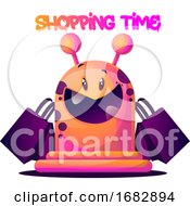 Poster, Art Print Of Pink Cartoon Monster With Shopping Bags Illustartion