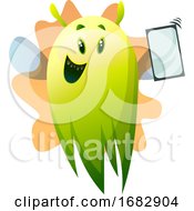 Smiling Cartoon Green Monster With Phone Illustartion