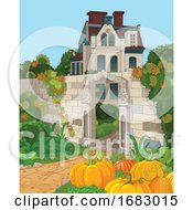 Poster, Art Print Of Garden Of Pumpkins Near A House