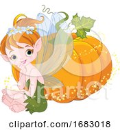 Poster, Art Print Of Cute Autumn Fairy Sitting By A Magical Pumpkin