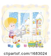 Boy Playing With His Cat On A Window Seat On A Winter Day