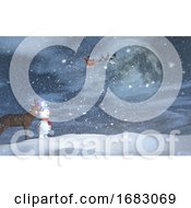 Poster, Art Print Of 3d Christmas Landscape With Snowman Reindeer And Santa In The Sky
