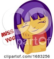 Poster, Art Print Of Girl With Purple Hair Next To Miss You Text Vector Illustration