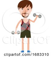 Poster, Art Print Of Cartoon Man Working Out With The Set Of Weights Illustration