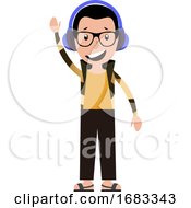Poster, Art Print Of Cartoon Adult Boy Listening To Music And Waving Illustration