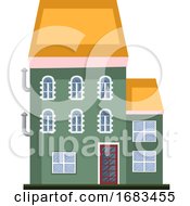 Cartoon Green Building With Yellow Roof