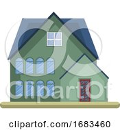 Cartoon Green Building With Blue Roof