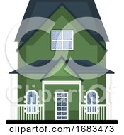 Poster, Art Print Of Cartoon Green Building With Blue Roof