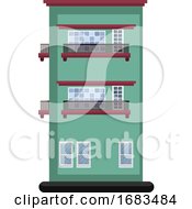 Poster, Art Print Of Cartoon Green Building With Red Roof And Two Floors