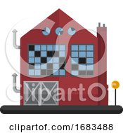 Cartoon Red Building With Blue Windows