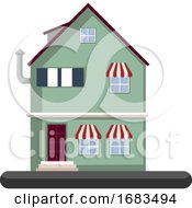 Cartoon Green Building With Red Roof