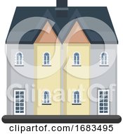 Cartoon White Building With Blue Roof