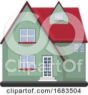 Poster, Art Print Of Cartoon Green Building With Red Roof