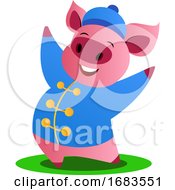 Poster, Art Print Of Cartoon Pig In Blue Chinese Suit