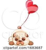 Brown And White Puppy Laying With A Big Red Balloon Tied On His Tail by Morphart Creations