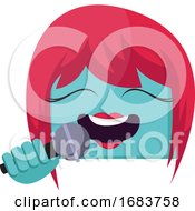 Poster, Art Print Of Square Blue Female Emoji Face With Pink Hair Singing Into Mic Illustration On A White Backgorund