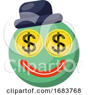 Poster, Art Print Of Blue Round Emoji Face With Dollar Eyes And Hat Illustration
