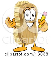 Scrub Brush Mascot Cartoon Character Holding A Pencil