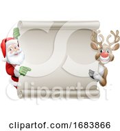 Poster, Art Print Of Santa Claus And Reindeer Christmas Scroll Sign