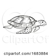 Poster, Art Print Of Hawksbill Turtle Endangered Wildlife Cartoon Mono Line Drawing