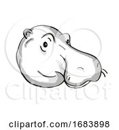 Poster, Art Print Of Common Hippopotamus Or Hippopotamus Amphibius Endangered Wildlife Cartoon Mono Line Drawing