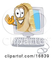 Scrub Brush Mascot Cartoon Character Waving From Inside A Computer Screen