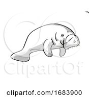 Manatee Or Sea Cow Endangered Wildlife Cartoon Mono Line Drawing