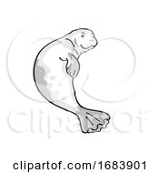 Poster, Art Print Of Hawaiian Monk Seal Endangered Wildlife Cartoon Mono Line Drawing