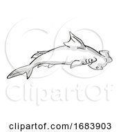 Poster, Art Print Of Scalloped Hammerhead Or Sphyrna Lewini Endangered Wildlife Cartoon Mono Line Drawing